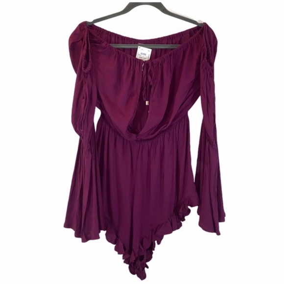 Radio Fiji Burgundy BOHO Off Shoulder Sokally Romper - Picture 5 of 13